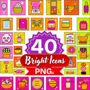 May include: A collection of 40 bright, colorful PNG icons, including a tennis racket, cupcake, scale, makeup, teacup, suitcase, notepad, controller, and more. The text "Bright Icons PNGs" is displayed.