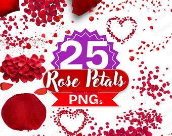 25枚のバラの花びらPNGバンドルバラの花びらクリップアートロマンチックな花のデジタルダウンロードウェディング紙吹雪クリップアートセット