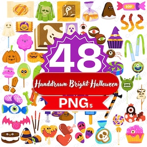 Op de afbeelding: Een verzameling van 48 handgetekende, heldere Halloween-thema PNG-afbeeldingen. De afbeelding bevat verschillende snoepjes, lekkernijen en spookachtige personages, waaronder geesten, pompoenen en cupcakes. De tekst "Handdrawn Bright Halloween PNGs" wordt weergegeven.