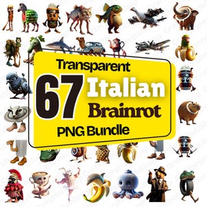 Pode incluir: Uma coleção de 67 imagens PNG transparentes com personagens de desenhos animados extravagantes, incluindo animais e alimentos. As imagens são de várias cores e designs. Uma faixa amarela exibe o texto "67 Italian Brainrot PNG Bundle".
