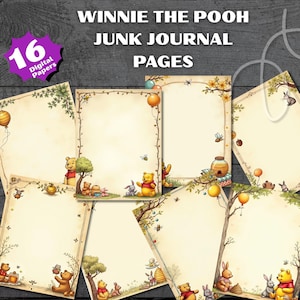 Könnte beinhalten: Digitale Junk-Journal-Seiten mit Winnie-Puuh-Charakteren. Die Seiten haben eine Vintage-Ästhetik mit Illustrationen von Puuh, Ferkel, I-Aah und Tiger. Die Seiten sind mit Honigtöpfen, Luftballons und floralen Bordüren verziert. Der Text "Winnie the Pooh Junk Journal Pages" und "16 Digital Papers" ist enthalten.