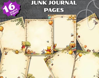 16 Winnie The Pooh Junk Journal Pages Printable Set 8.5x11 JPG Files Classic Bear Theme Scrapbook Kit Digital Stationery Bundle