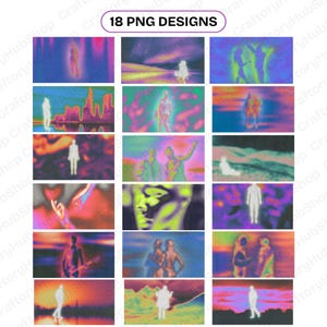 以下が含まれることがあります： 抽象的でカラフルなイラストが特徴の18個のPNGデザインのコレクション。各デザインは、様々なポーズや環境にいる人物または人物のシルエットを、ピンク、紫、黄色、青の鮮やかな色合いで表現しています。「18 PNG DESIGNS」というテキストが上部にあります。