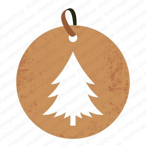 May include: A round, brown Christmas ornament with a white Christmas tree design. The ornament has a textured appearance and a brown loop for hanging. The design is simple and festive, perfect for holiday decor.