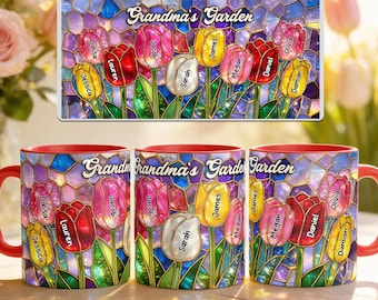 Grandma's Garden Tulip Flower Mug, Personalized Gifts for Mom, Tulip Flowers Mom Gifts from Daughter, Mother's Day Accent Mug