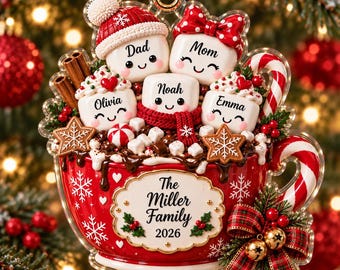 Personalized Family Hot Coca Ornament 2026, Custom Marshmallow Family Christmas Ornament, Acrylic Family Keepsake, Christmas Gift