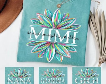 Custom Grandma Mimi Colorful Sunflower Shirt, Personalized Grandkids Name Grandma T Shirt, Floral Nana Gigi Tee, Mother's Day Gift
