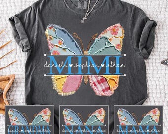 Personalized Grandma Butterfly Patchwork Png, Custom Kids Names Nana Mimi Gigi Png , Mother's Day Gift For Grandma Mom Png