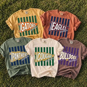 May include: Five short-sleeved crew neck t-shirts in yellow, rust, sage green, cream, and mauve. Each shirt features a central graphic of a vertical striped square with a pennant overlay displaying the text GATORS, EAGLES, PANTHERS, COUGARS, or BULLDOGS.