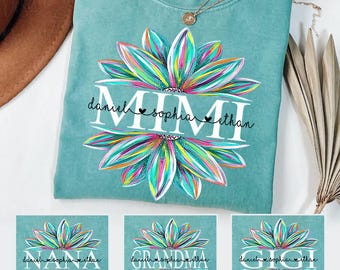 Custom Grandma Mimi Colorful Sunflower Shirt, Personalized Grandkids Name Grandma T Shirt, Floral Nana Gigi Tee, Mother's Day Gift