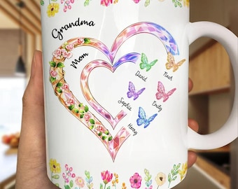 Custom Grandma Mom Crystal Heart with Kids Names Mug, Mom and Grandma Mug, First Mom Now Grandma Coffee Cup, New Grandma Gift, Nana Mimi