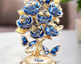 Personalized Mom Acrylic Plaque with Custom Kids Names, Blue Rose Family Tree Keepsake, Mother's Day Gift for Mom, Grandma Nana Mimi Gift