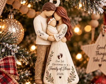 Personalized Family of Three Ornament 2026, Our First Christmas as a Family of 3, New Baby Ornament, Custom New Parents Christmas Gift