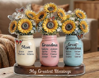 Personalized Mom Grandma Great Grandma Sunflowers Jars Acrylic Plaque, Custom Grandma With Kids Names Plaque, Mother's Day Gift Mom Nana