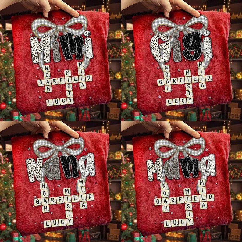 May include: Red Christmas stocking with a decorative bow and a name in a decorative font. The stocking has a Scrabble-style game with the name "Mimi" and the name "Lucy" below the game. The stocking is held by a hand.