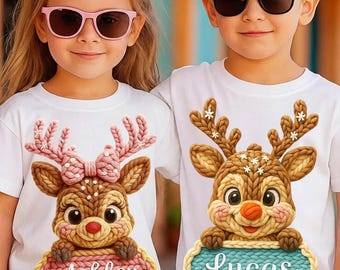 Custom Name Reindeer Christmas Kids Faux Yarn Png, Boy Girl Christmas Png, Cute Christmas Png, Matching Boy And Girl Holiday Png
