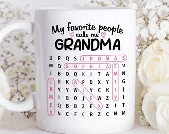 Personalized Grandma Mug with Kids Names, Word Search Puzzle Cup, Custom Grandmother Gift, Mother’s Day Mug, Nana Coffee Cup