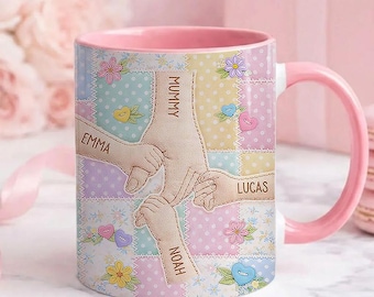 Custom Mom Holding Hands Patchwork with Kids Names Mug, Custom Grandma Mug, New Grandma Gift, Mother's Day Gift For Nana Mimi Gigi