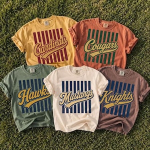 May include: Five short-sleeve crew neck t-shirts in yellow, orange, sage green, cream, and mauve. Each shirt features a central graphic with vertical stripes and a team name in script font: Cardinals, Cougars, Hawks, Mustangs, and Knights.