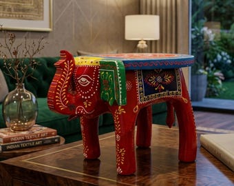 Taburete de madera con forma de elefante, mesa auxiliar india, otomana infantil decorativa