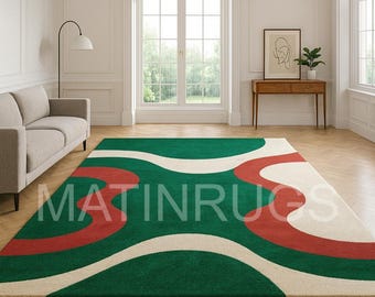 Hand Tufted New Zealand Wool Abstract Green Area Rug, Modern Geometric Wool Carpet, Luxury Living Room Rug, Custom Size 5x7 8x10 9x12