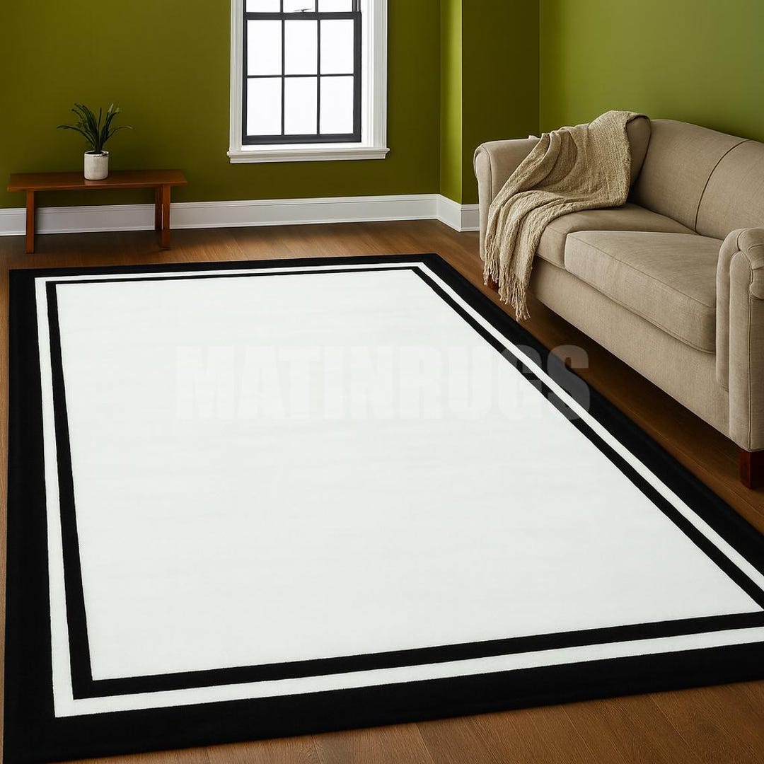 Modern White Area Rug – Black Double Border, Minimalist Carpet - Etsy