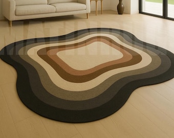 Tapete abstrato neutro irregular, tapete de formato orgânico, tapete de lã da Nova Zelândia tufado à mão, tapete moderno e luxuoso para sala de estar.