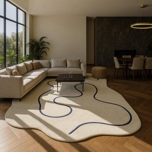 May include: A cream-coloured, abstract-shaped rug with a dark blue, wavy line design. The rug is in a modern living room setting with a beige sectional sofa, a dark square coffee table, and a large window.