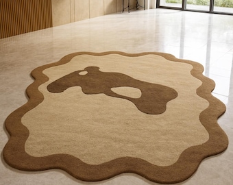 Abstract Wavy Rug – Brown & Beige Irregular Carpet, Modern Home Decor
