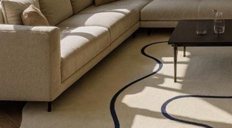 Modern Cream Abstract Area Rug – Navy Blue Wavy Line, Irregular Shape ...