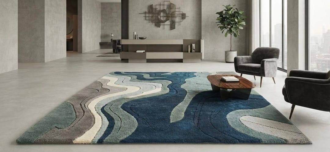 Modern Abstract Wool Rug, Hand Tufted Blue Green Area Rug, Wavy ...