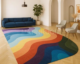 Handmade New Zealand Wool Abstract Area Rug, Colorful Modern Wave Design Rug, Contemporary Designer Living Room Carpet, Custom Size