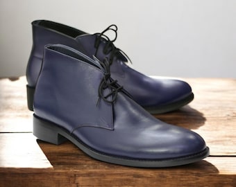 Premium Hand Stitched Blue Boots | Stylish Chukka Ankle Boots | Full Grain Leather | Men's Formal Classic Style | Anniversary Gift For Him