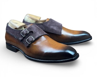 Luxury Hand Stitched Brown Double Monk Strap Shoes | Cow Leather Dress Shoes | Men's Formal Footwear Groomsmen Wedding Gift