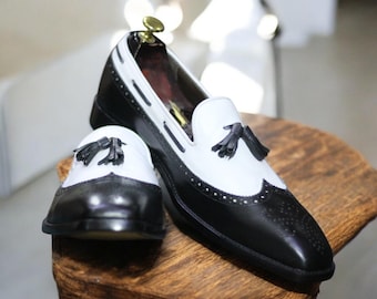 Elegante handgemachte Black & White Schuhe | Herren Quaste Loafer Schuhe | Vollnarbenleder | Slip On Leder Flügelspitze Schuhe | Hochzeitsgeschenk für ihn