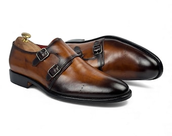 Zapatos de doble hebilla marrones hechos a mano / Zapatos de vestir sin cordones con hebilla de cuero genuino / Calzado formal de diseñador / Regalo de Navidad para él