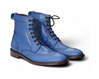 Handmade Men's Blue Leather Brogue Shoes | Ankle Boots Lace-Up | Wingtip Dress Boots | Formal Casual Wedding Gift |Custom Size Available