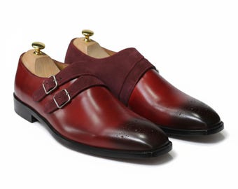 Handmade Men's Burgundy Double Monk Strap Shoes | Genuine Cow Leather | Elegant Dress Shoes | Business Shoes | Wedding Shoes | Gift For Him
