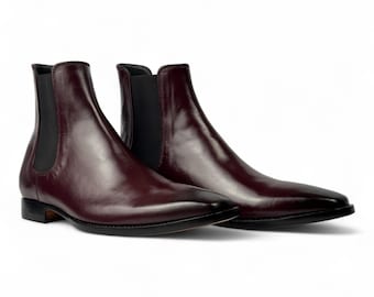 Handmade Burgundy Leather Chelsea Boots | Formal Dress Ankle Slip-On Boot | Genuine Leather Designer Footwear | Men's Elegant Dress Boot