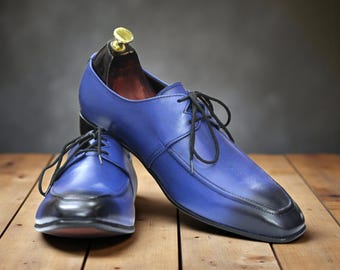 Elegant Hand Stitched Blue Derby Lace-Up Shoes | Premium Leather Dress Shoes for Men | Stylish & Comfortable Footwear | Wedding Gift For Him