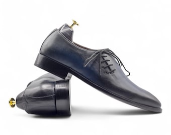 Luxury Handmade Navy Blue Whole cut Oxford Shoes | Genuine Cow Leather | Stylish Side Lace Up | Elegant Business Dress Shoes | Gift for Him