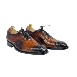 Handmade Burgundy Crocodile Embossed Leather Shoes | Oxford Dress Shoes | Men's Shoes | Formal Business Wear Shoes | Wedding Gift for Him