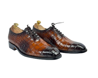 Handmade Burgundy Crocodile Embossed Leather Shoes | Oxford Dress Shoes | Men's Shoes | Formal Business Wear Shoes | Wedding Gift for Him
