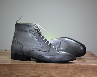 Bespoke Handmade Grey Boot | Wingtip Ankle Boots | Classic Vintage Lace Up Boot  | Men's Brogue Boots | Genuine Cow Leather | Gift For Him