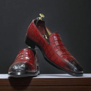 Handmade Exotic Burgundy Slip-On Shoes | Men's Alligator Loafers | Leather Stylish Loafer | Formal Business Footwear | Wedding Gift For Him