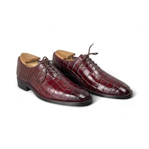 Handmade Burgundy Crocodile Embossed Leather Shoes | Oxford Dress Shoes | Men's Shoes | Formal Business Wear Shoes | Wedding Gift for Him