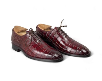 Handmade Burgundy Crocodile Embossed Leather Shoes | Oxford Dress Shoes | Men's Shoes | Formal Business Wear Shoes | Wedding Gift for Him