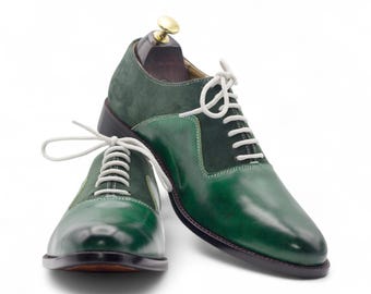 Handmade Men's Two-Tone Green Shoes | Full Grain Leather & Suede | Oxford Dress Shoes With White Lace Up | Wedding, Party Wear Footwear