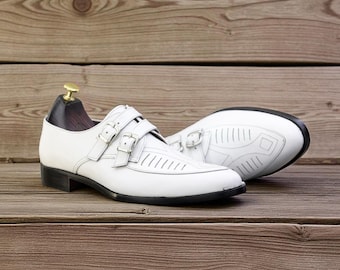 Bespoke Handmade Men's Oxford White Shoes | Monk Strap Genuine Leather | Formal Shoes with Silver Buckle | Wedding & Luxury Party Footwear