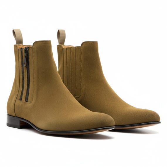 New Handmade Men's Beige Suede Chelsea Boots | Ankle Boots with Side Double Zipper | Dress Boots | Casual Boots